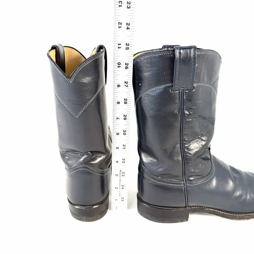 Vintage Justin Roper Men’s 8.5D Cowboy Western Boots Dark Blue Gray Leather 3024
